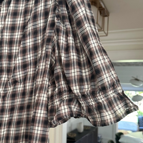 GAP Brown, Black, & Ivory/Cream Plaid Crinkle Gauze Puff Sleeve Shirt - Size XL - Picture 9 of 13